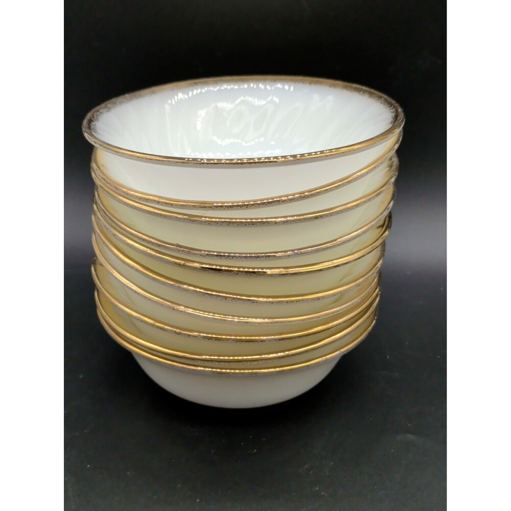10 Vintage Fire-King White Swirl Berry Bowls Gold Trim Anchor Hocking Milk Glass